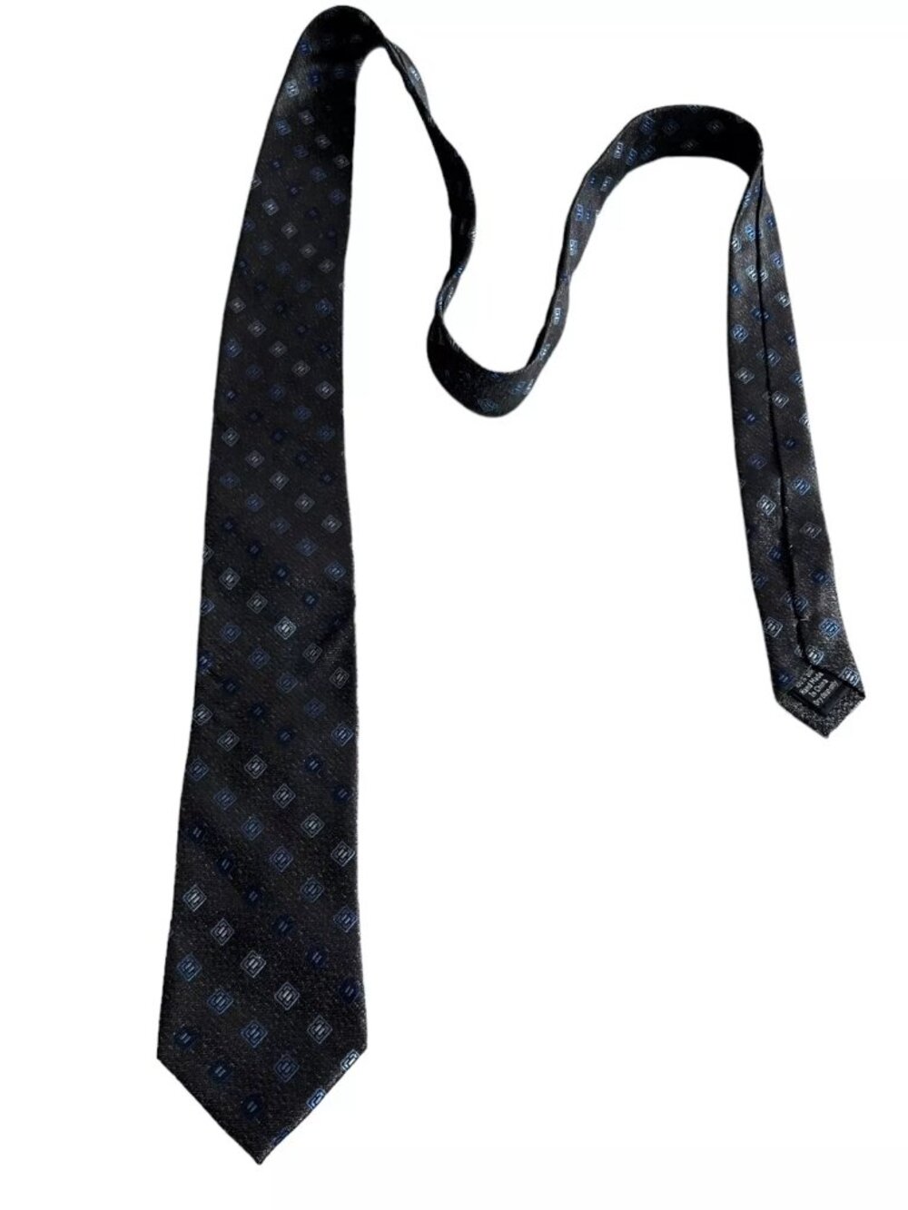Pronto Uomo tie dark gray geometric blue squares 3" wide silk